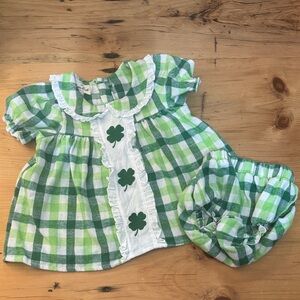 Classic Green Gingham Girls' Dress with Shamrock Detail